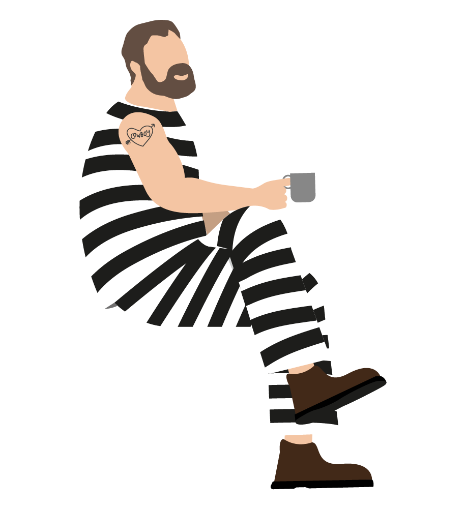 Illustration av en gäst som sitter och dricker kaffe.